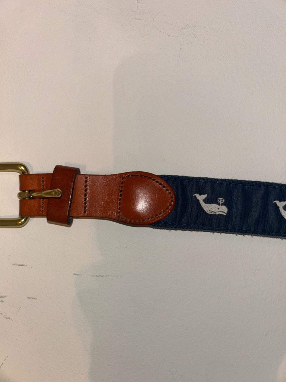 Navy Whale Print Webbing Belt with Brown Leather Trim